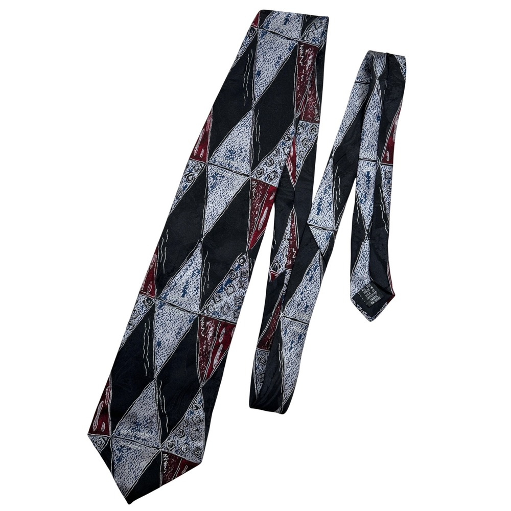 Haggar Mens Silk Necktie Black Burgundy Grey Abstract Geometric Harlequin USA‎